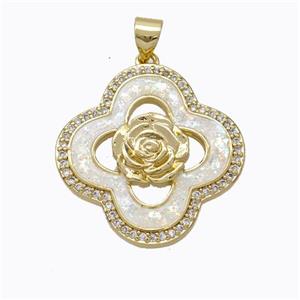 Copper Clover Pendant Micropave Zirconia White Fire Opal Flower 18K Gold Plated, approx 24mm