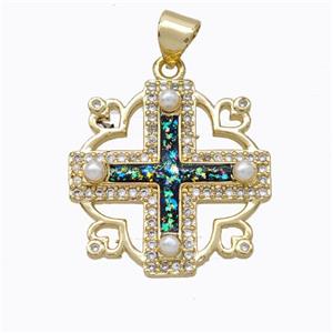 Copper Cross Pendant Pave Multicolor Fire Opal 18K Gold Plated, approx 20mm