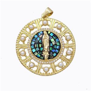 Virgin Mary Charms Copper Circle Pendant Pave Abalone Shell Resin 18K Gold Plated, approx 30mm