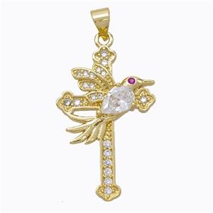 Copper Cross Pendant Pave Zirconia Birds Gold Plated, approx 20-30mm