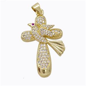 Copper Cross Pendant Pave Zirconia Birds Gold Plated, approx 20-29mm