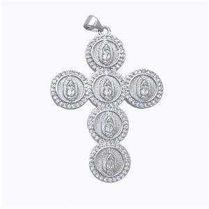 Copper Cross Pendant Pave Zirconia Virgin Mary Platinum Plated, approx 32-42mm