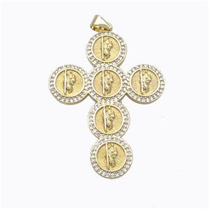 Copper Cross Pendant Pave Zirconia Jesus Gold Plated, approx 32-42mm