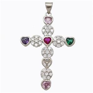 Copper Cross Pendant Micropave Zirconia Heart Platinum Plated, approx 28-38mm