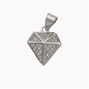 Copper Diamond Pendant Micropave Zirconia Platinum Plated, approx 12mm