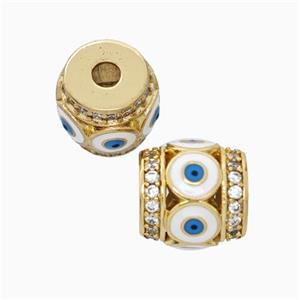 Copper Barrel Beads Pave Zirconia White Enamel Evil Eye Large Hole Gold Plated, approx 11mm, 3mm hole