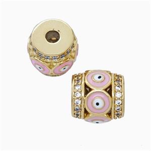 Copper Barrel Beads Pave Zirconia Pink Enamel Evil Eye Large Hole Gold Plated, approx 11mm, 3mm hole