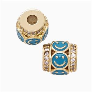 Copper Barrel Beads Pave Zirconia Teal Enamel Emoji Large Hole Gold Plated, approx 11mm, 3mm hole