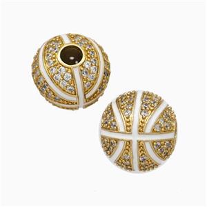 Copper Basketball Beads Pave Zirconia White Enamel Round Sport Gold Plated, approx 11.5mm, 3mm hole