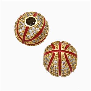 Copper Basketball Beads Pave Zirconia Red Enamel Round Sport Gold Plated, approx 11.5mm, 3mm hole