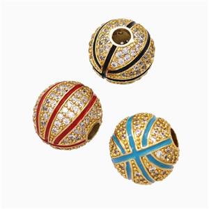 Copper Basketball Beads Pave Zirconia Enamel Round Sport Gold Plated Mixed, approx 11.5mm, 3mm hole