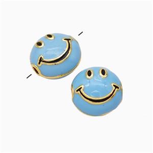 Copper Emoji Beads Blue Eanmel Smileface Gold Plated, approx 6-10mm