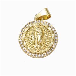 Virgin Mary Charms Copper Pendant Pave Zirconia Circle Gold Plated, approx 15mm