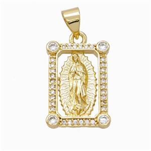 Virgin Mary Charms Copper Rectangle Pendant Pave Zirconia Gold Plated, approx 13-18mm