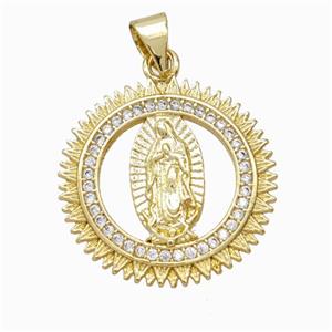 Virgin Mary Charms Copper Circle Pendant Micropave Zirconia Gold Plated, approx 20mm