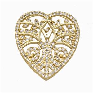 Copper Heart Pendant Micropave Zirconia Tree Gold Plated, approx 23-25mm