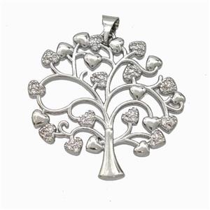 Copper Tree Pendant Micropave Zirconia Heart Platinum Plated, approx 30mm