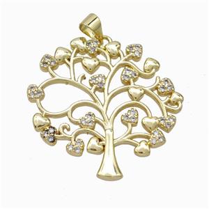 Copper Tree Pendant Micropave Zirconia Heart Gold Plated, approx 30mm