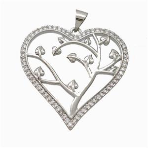 Copper Tree Pendant Micropave Zirconia Heart Platinum Plated, approx 30mm