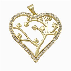 Copper Tree Pendant Micropave Zirconia Heart Gold Plated, approx 30mm