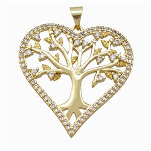 Copper Tree Pendant Micropave Zirconia Heart Gold Plated, approx 30mm