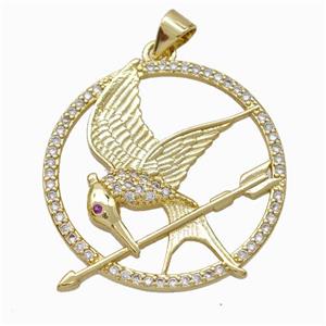 Copper Birds Pendant Pave Zirconia Arrow Gold Plated, approx 28mm