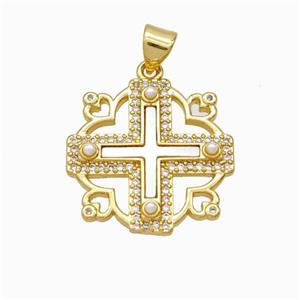 Copper Cross Pendant Pave Zirconia Shell Resin 18K Gold Plated, approx 20mm