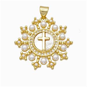 Copper Cross Pendant Pave Zirconia Shell Resin 18K Gold Plated, approx 25mm