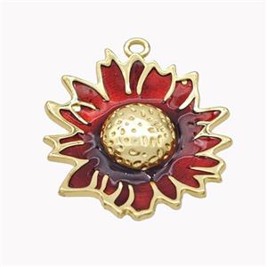 Copper Sunflower Pendant Red Enamel Gold Plated, approx 25-27mm