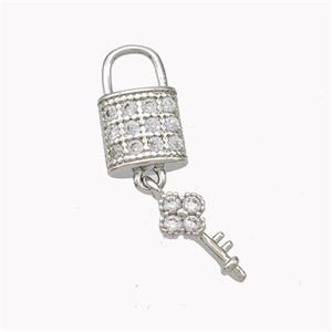 Copper Lock Key Pendant Pave Zirconia Platinum Plated, approx 8-12mm, 5-10mm