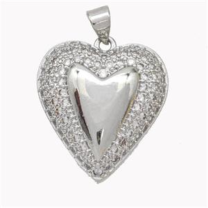 Copper Heart Pendant Pave Zirconia Platinum Plated, approx 21-23mm