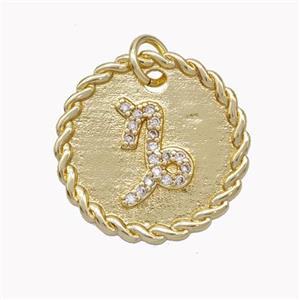 Sign Of Capricorn Copper Circle Pendant Pave Zirconia Zodiac Gold Plated, approx 18mm