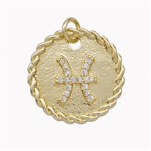 Sign Of Pisces Copper Circle Pendant Pave Zirconia Zodiac Gold Plated, approx 18mm