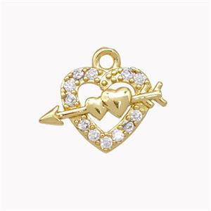 Cupid Arrow Charms Copper Heart Pendant Micropave Zirconia Gold Plated, approx 10-15mm