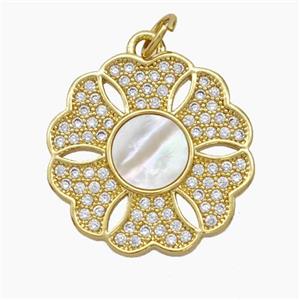 Copper pendant pave zircon and white shell bead, Gold Plated, approx 19mm