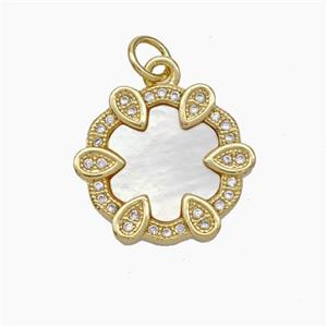 Copper pendant pave zircon and white shell bead, Gold Plated, approx 16mm