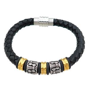 PU leather bracelet with magnetic clasp, stainless steel beads, approx 8mm, 70mm dia