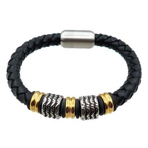 PU leather bracelet with magnetic clasp, stainless steel beads, approx 8mm, 70mm dia