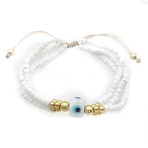 Seed Glass Bracelet White Lampwork Evil Eye Adjustable, approx 9mm, 3mm, 20-24cm length