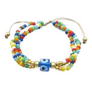 Seed Glass Bracelet Multicolor Lampwork Evil Eye Adjustable, approx 9mm, 3mm, 20-24cm length