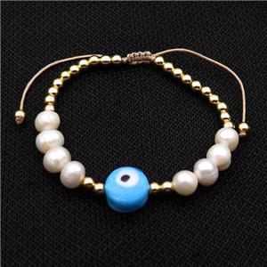 Pearl Bracelet With Lampwork Evil Eye Copper Adjustable, approx 12mm, 8mm, 4mm, 20-24cm length