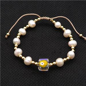 Pearl Bracelet With Evil Eye Copper Adjustable, approx 10mm, 8mm, 4mm, 20-24cm length