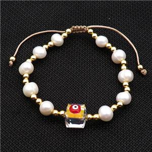 Pearl Bracelet With Evil Eye Copper Adjustable, approx 10mm, 8mm, 4mm, 20-24cm length