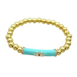 Copper Bracelet Green Enamel Evil Eye Pave Zircon Stretchy Gold Plated, approx 7-30mm, 6mm