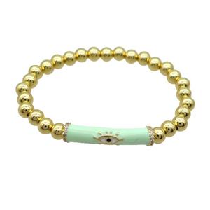 Copper Bracelet Green Enamel Evil Eye Pave Zircon Stretchy Gold Plated, approx 7-30mm, 6mm