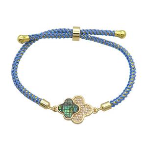 Blue Nylon Bracelet Copper Clover Pave Zircon Adjustable Gold Plated, approx 15-19mm, 3mm