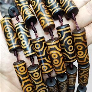 Tibetan Style Agate Column Beads Yellow Evil Eye Black, approx 14-40mm, 7pcs per st