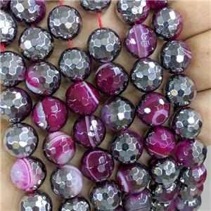 Natural Stripe Agate Beads Faceted Round Hotpink Dye Platinum Plated, approx 12mm dia