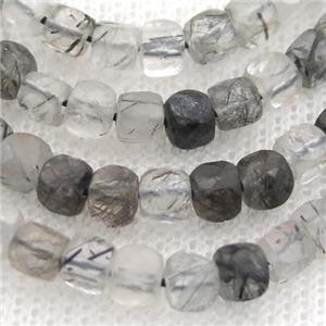 black Rutilated Quartz Beads, faceted cube, approx 4mm