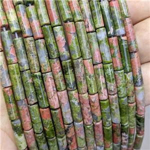 Natural Unakite Tube Beads Green, approx 4x13mm